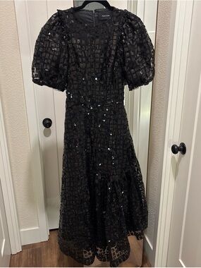 Simone Rocha Black Sequin Puff-Sleeve Midi Dress